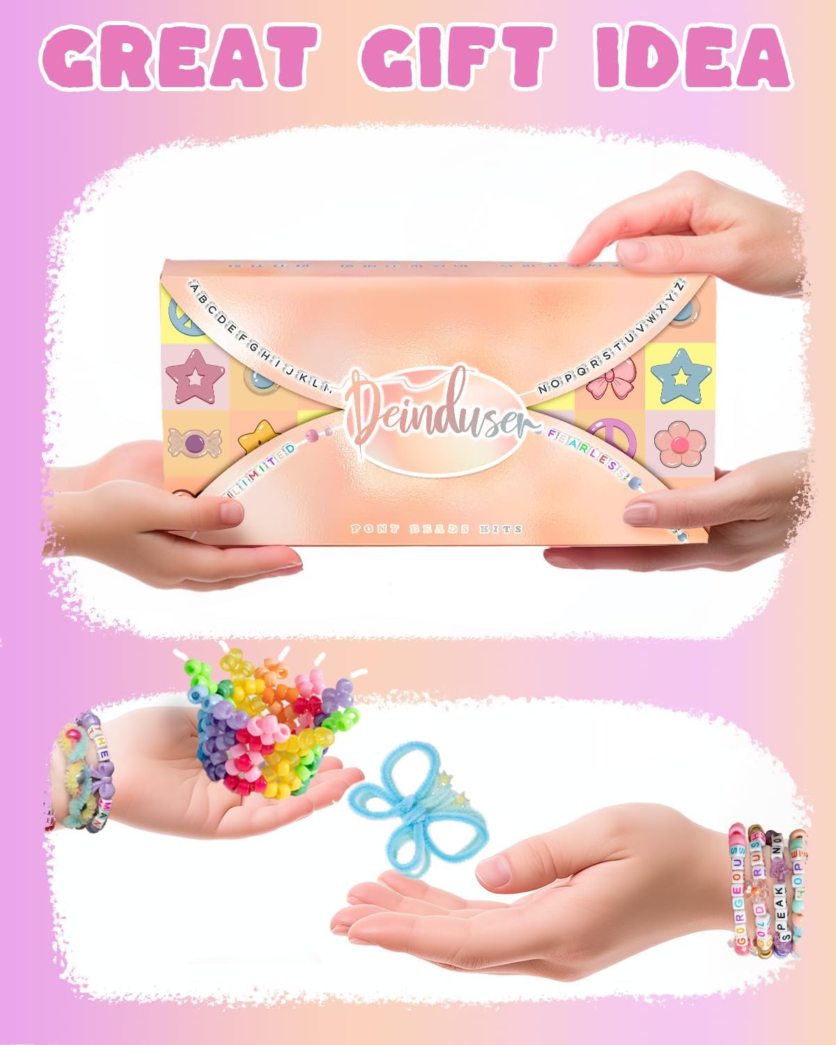 Deinduser Pony Beads Friendship Bracelet Making Kit 32 Colors Kandi Beads with Pipe Cleaners Letter Beads DIY Craft Jewelry Necklace for Girls Creative Educational Toy Great Gift for Ages 6+