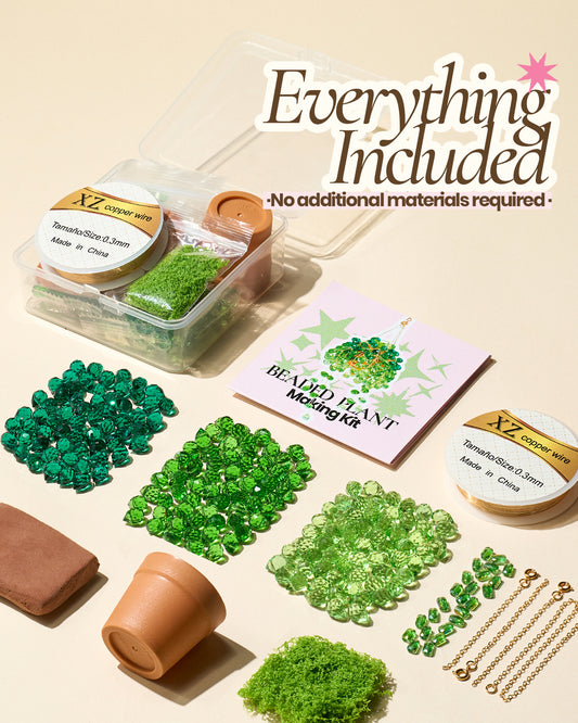 Deinduser Beaded Plant Kit, DIY Hanging Suncatcher Craft Kit with Glass Crystal Beads, Pot, Chain, Faux Moss, Air Dry Clay, Instruction Booklet & Video Tutorial, Tabletop or Window Decor Gift