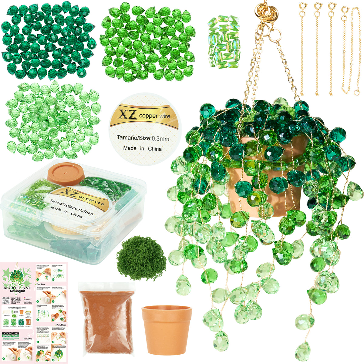 Deinduser Beaded Plant Kit, DIY Hanging Suncatcher Craft Kit with Glass Crystal Beads, Pot, Chain, Faux Moss, Air Dry Clay, Instruction Booklet & Video Tutorial, Tabletop or Window Decor Gift
