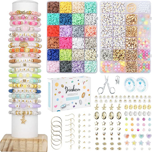 Deinduser Clay Beads 2 Boxes Bracelet Making Kit - 24 Colors Polymer Clay Beads for Bracelets Making - Jewelry Making kit with Gift Pack - Bracelet Making Kit for Girls - Heishi Disc Beads
